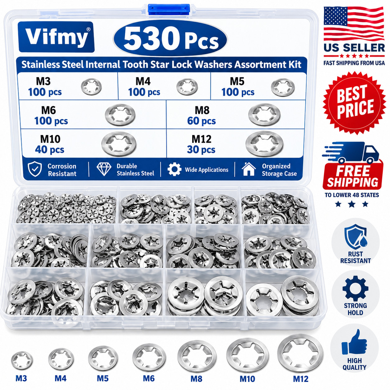 530PCS Internal Tooth Star Lock Washer, 304 Stainless Steel Push Nuts Assortment 530PCS Internal Tooth Star Lock Washer, 304 Stainless Steel Push Nuts Assortment
