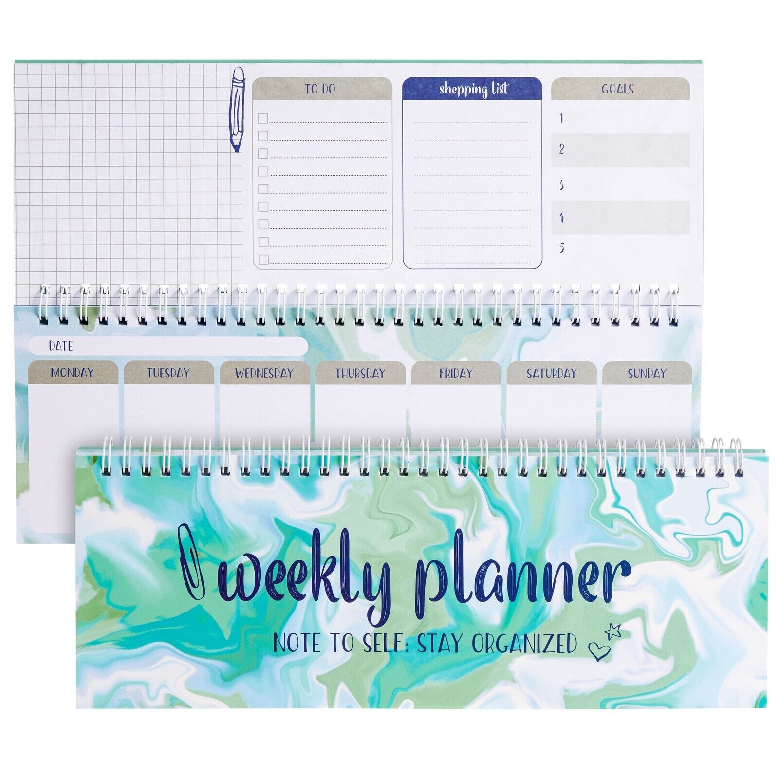 Marble Undated Weekly Planner, Horizontal Desk Calendar, Spiral Bound, 12x4