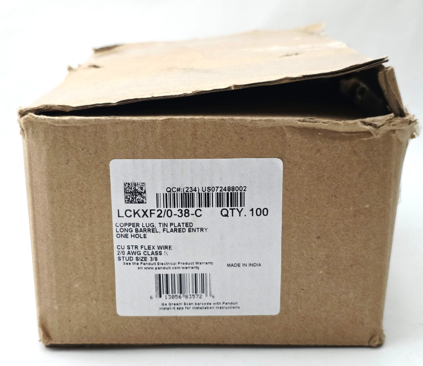 Box of 100 Panduit LCKXF2/0-38-C One Hole 2/0 Flex Cable 3/8 Box of 100 Panduit LCKXF2/0-38-C One Hole 2/0 Flex Cable 3/8