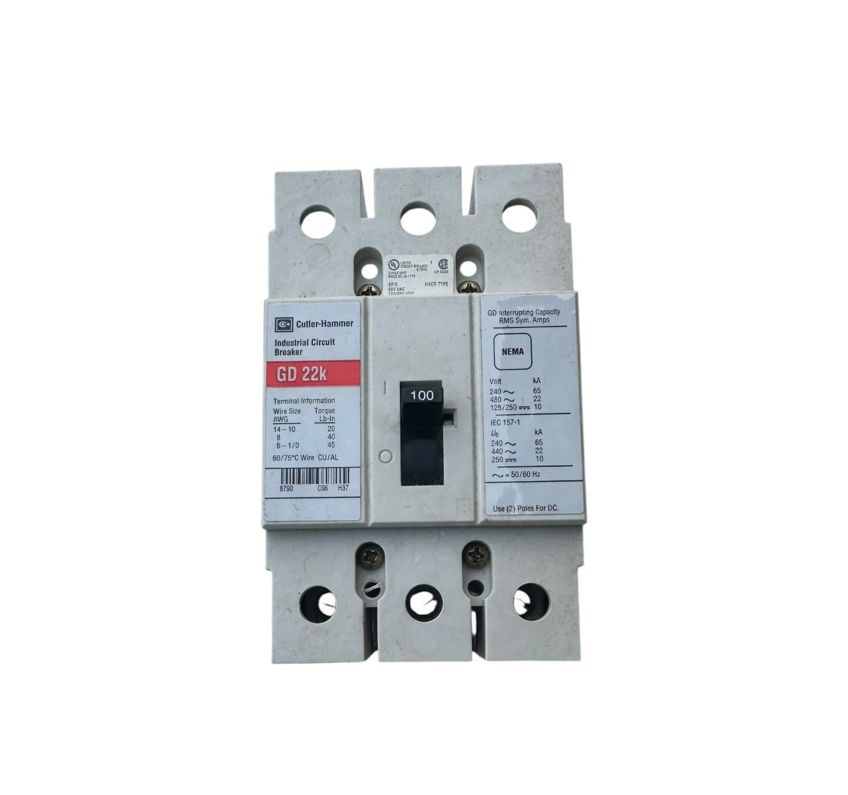 GD3100 - Cutler Hammer Eaton 100 Amp 3 Pole 480VAC G-Frame Molded Case Circuit B GD3100 - Cutler Hammer Eaton 100 Amp 3 Pole 480VAC G-Frame Molded Case Circuit B