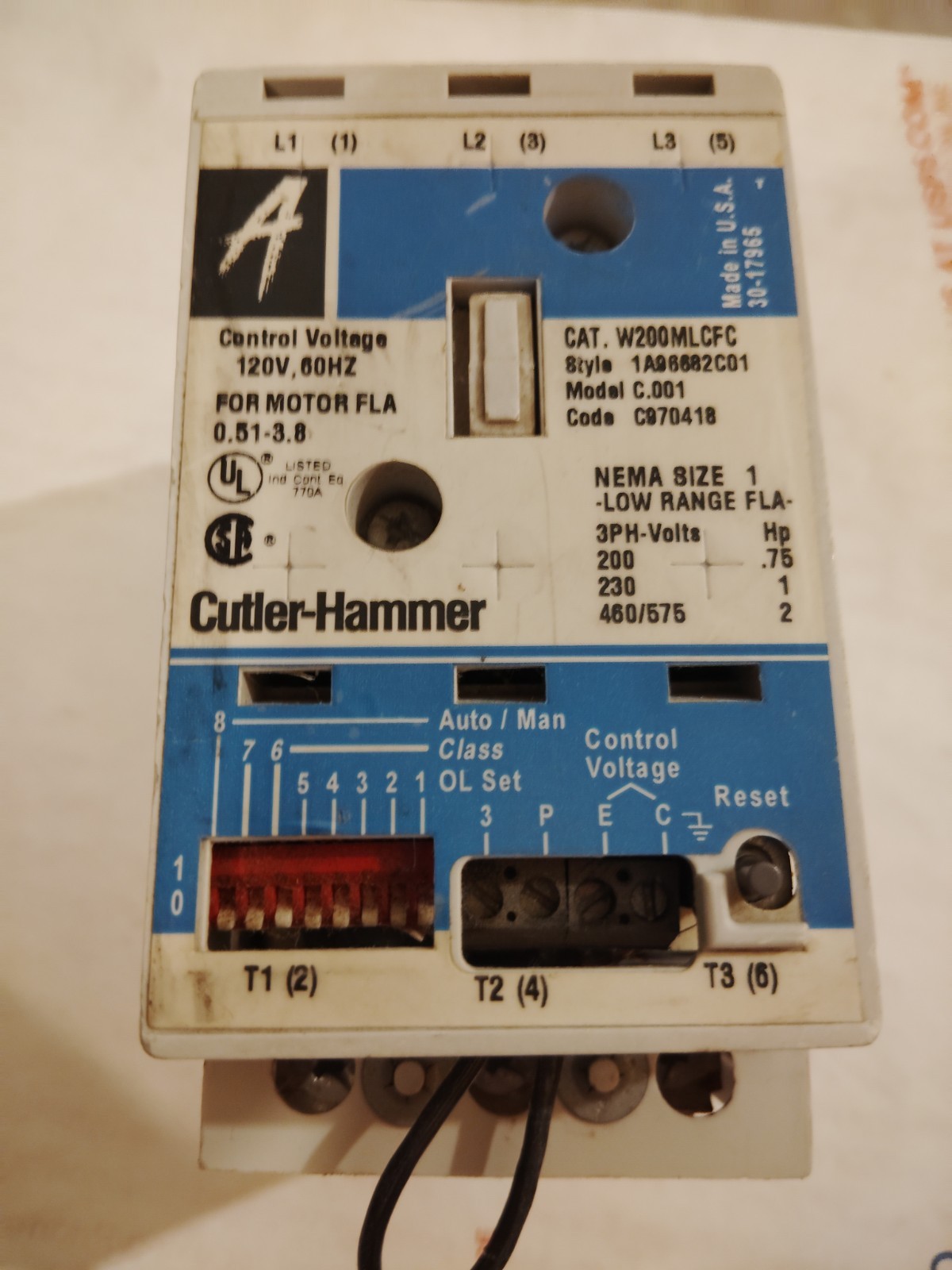 Cutler-Hammer W200MLCFC Magnetic Motor Starter Control Voltage 120V, 60Hz Cutler-Hammer W200MLCFC Magnetic Motor Starter Control Voltage 120V, 60Hz