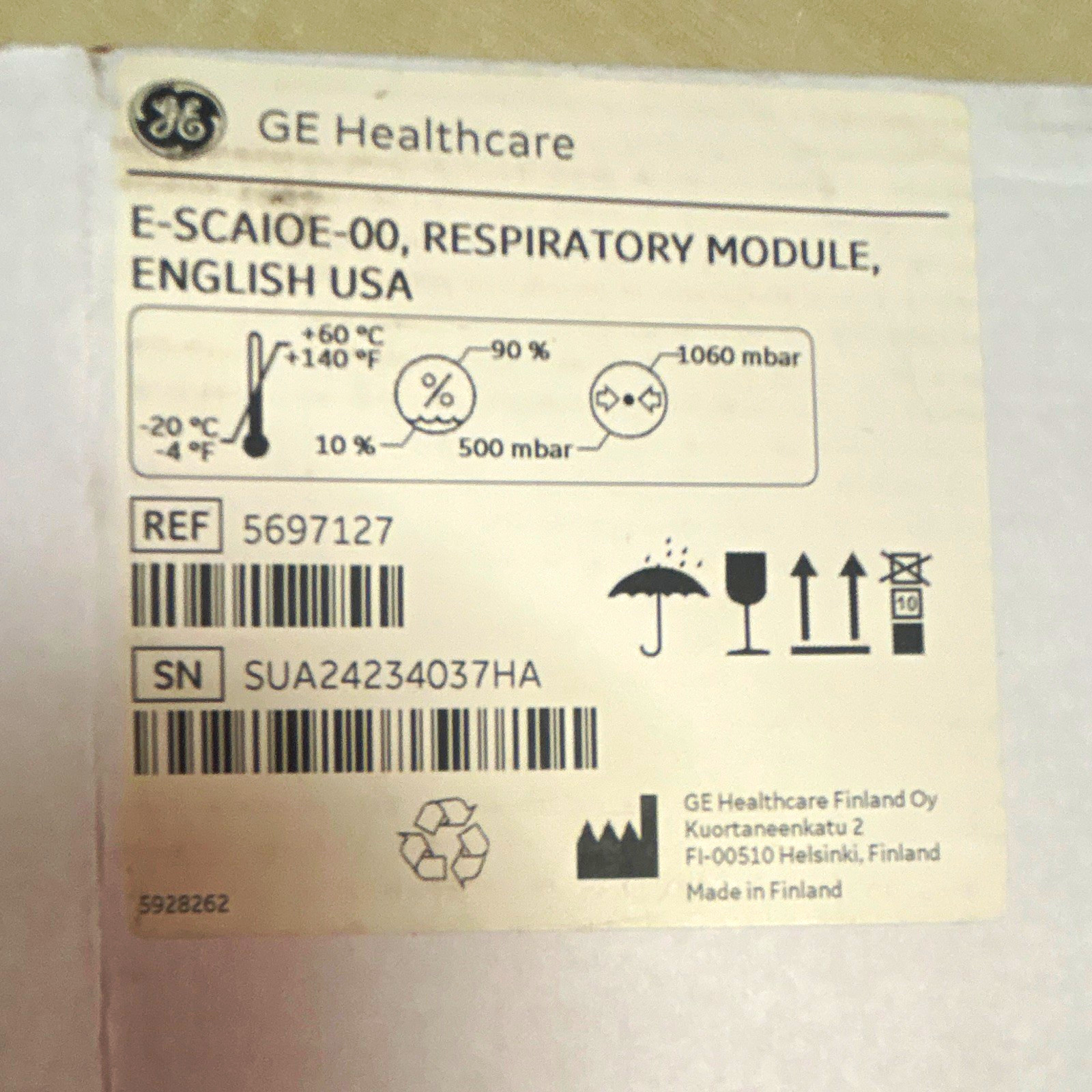 GE Healthcare CARESCAPE Respiratory Module E-SCAIOE-00 MPN 5697127 GE Healthcare CARESCAPE Respiratory Module E-SCAIOE-00 MPN 5697127