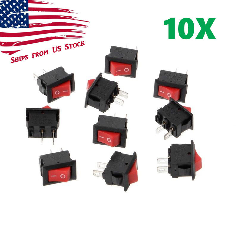 10PCS Mini Rocker Switch 2 Pin ON-OFF SPST 125VAC/6A 250VAC/3A Red KCD11 US
