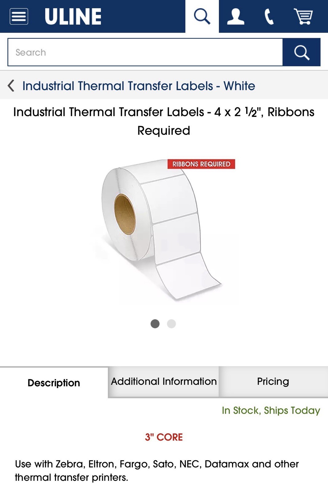 Uline S5385 Industrial Thermal Transfer Labels - 4 x 2 1⁄2 Uline S5385 Industrial Thermal Transfer Labels - 4 x 2 1⁄2