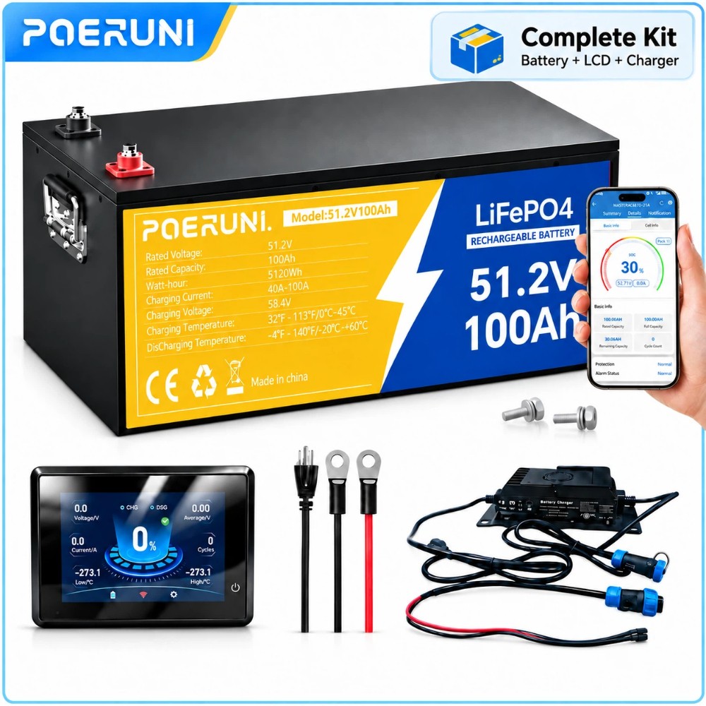 POERUNI 48V 100Ah LiFePO4 Battery Bluetooth LCD w/ 58.4V 20A Charger Golf Cart POERUNI 48V 100Ah LiFePO4 Battery Bluetooth LCD w/ 58.4V 20A Charger Golf Cart