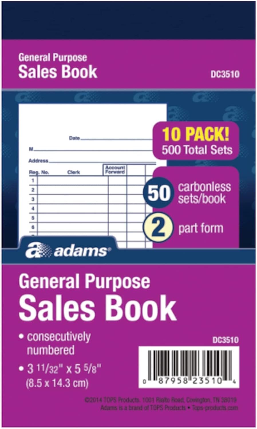 **Adams General Purpose Sales Book, Carbonless, (Pack Of 10) (DC3510)** The book