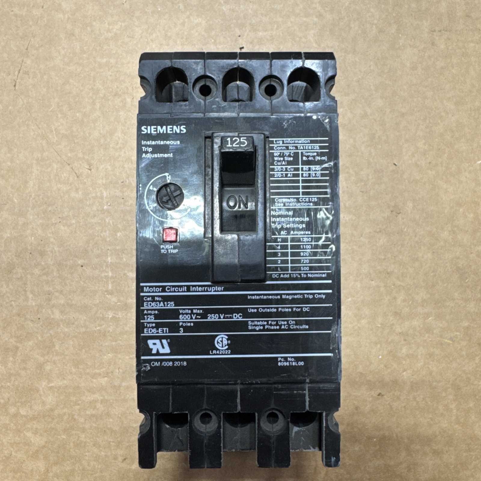SIEMENS ED63A125 CIRCUIT BREAKER *NEW SURPLUS 125 Amp 3 Pole