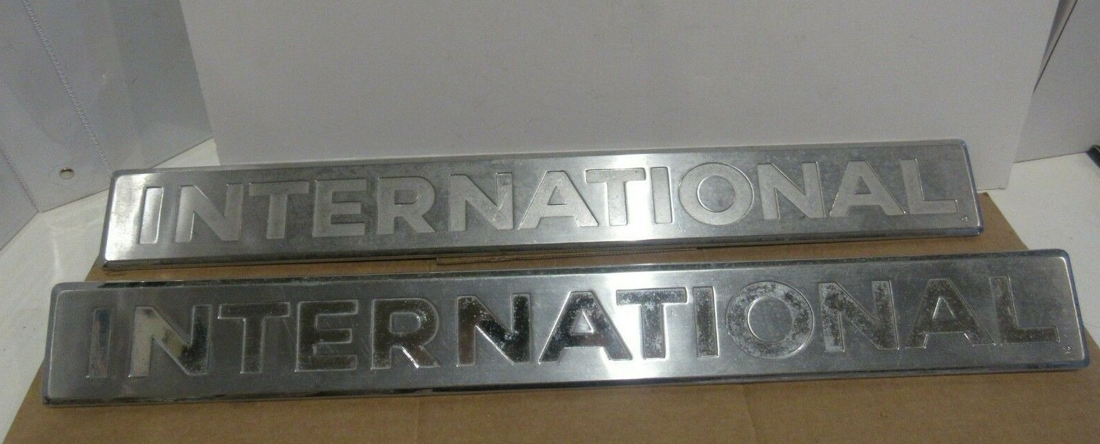 Vintage Set International Tractor Emblem Farm Pair Name Metal Badge Trim Vintage Set International Tractor Emblem Farm Pair Name Metal Badge Trim