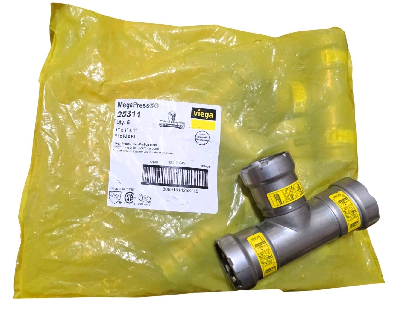 VIEGA 5 PACK, MegaPressG 1 x 1 x 1 Press Carbon Steel Tee (Gas Only), 25311 VIEGA 5 PACK, MegaPressG 1 x 1 x 1 Press Carbon Steel Tee (Gas Only), 25311
