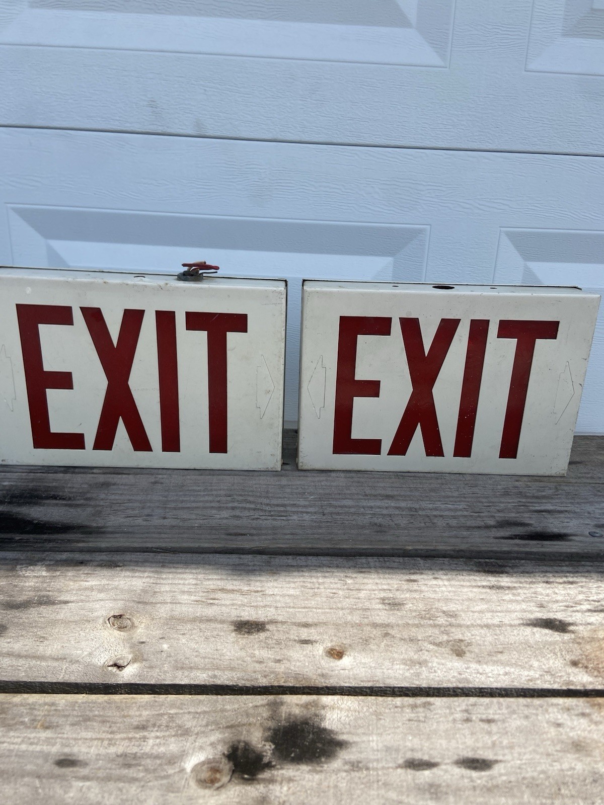 Pair Vintage Industrial Metal EXIT Signs – Red Letters, Arrows, AS IS NOT TESTED Pair Vintage Industrial Metal EXIT Signs – Red Letters, Arrows, AS IS NOT TESTED