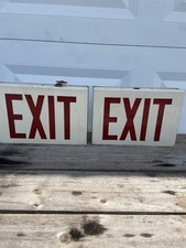 Pair Vintage Industrial Metal EXIT Signs – Red Letters, Arrows, AS IS NOT TESTED picture