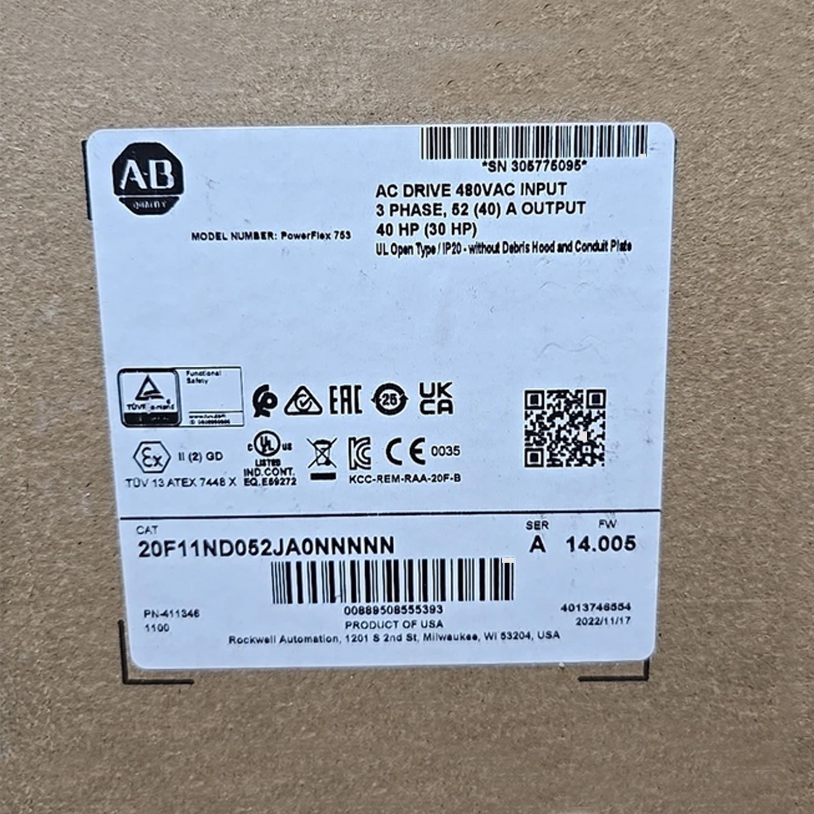 20F11ND052JA0NNNNN AB PowerFlex 753 30 HP, New