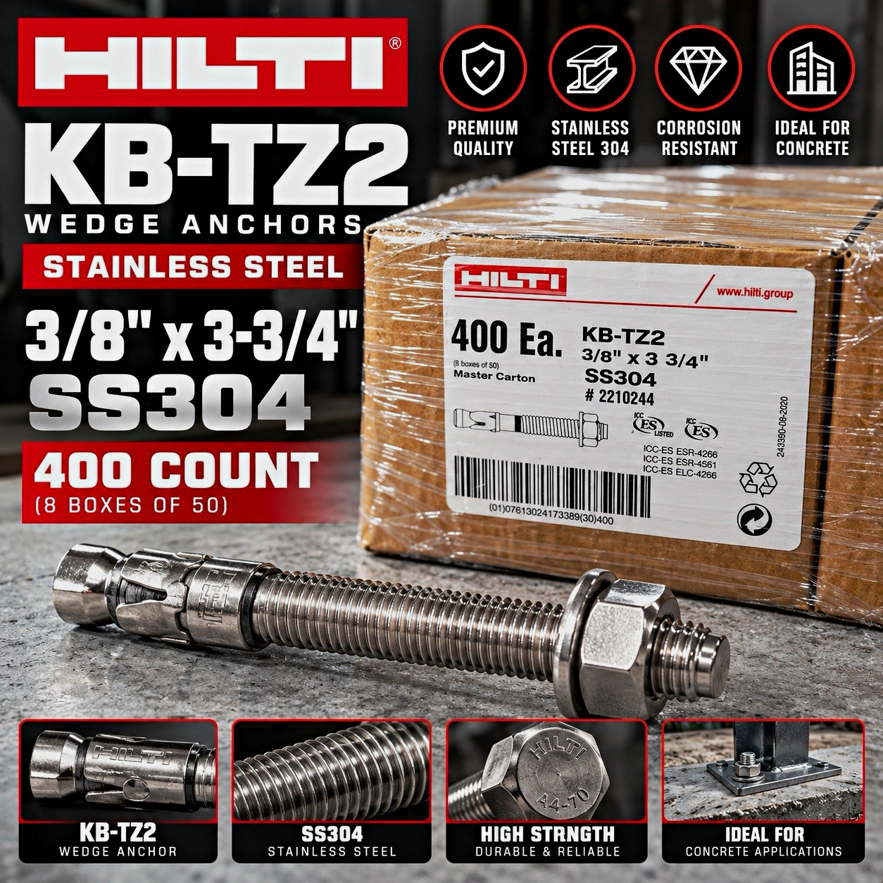 Hilti KB-TZ2 3/8” x 3-3/4” SS304 Wedge Anchors – Box of 50 – 8 Available Hilti KB-TZ2 3/8” x 3-3/4” SS304 Wedge Anchors – Box of 50 – 8 Available