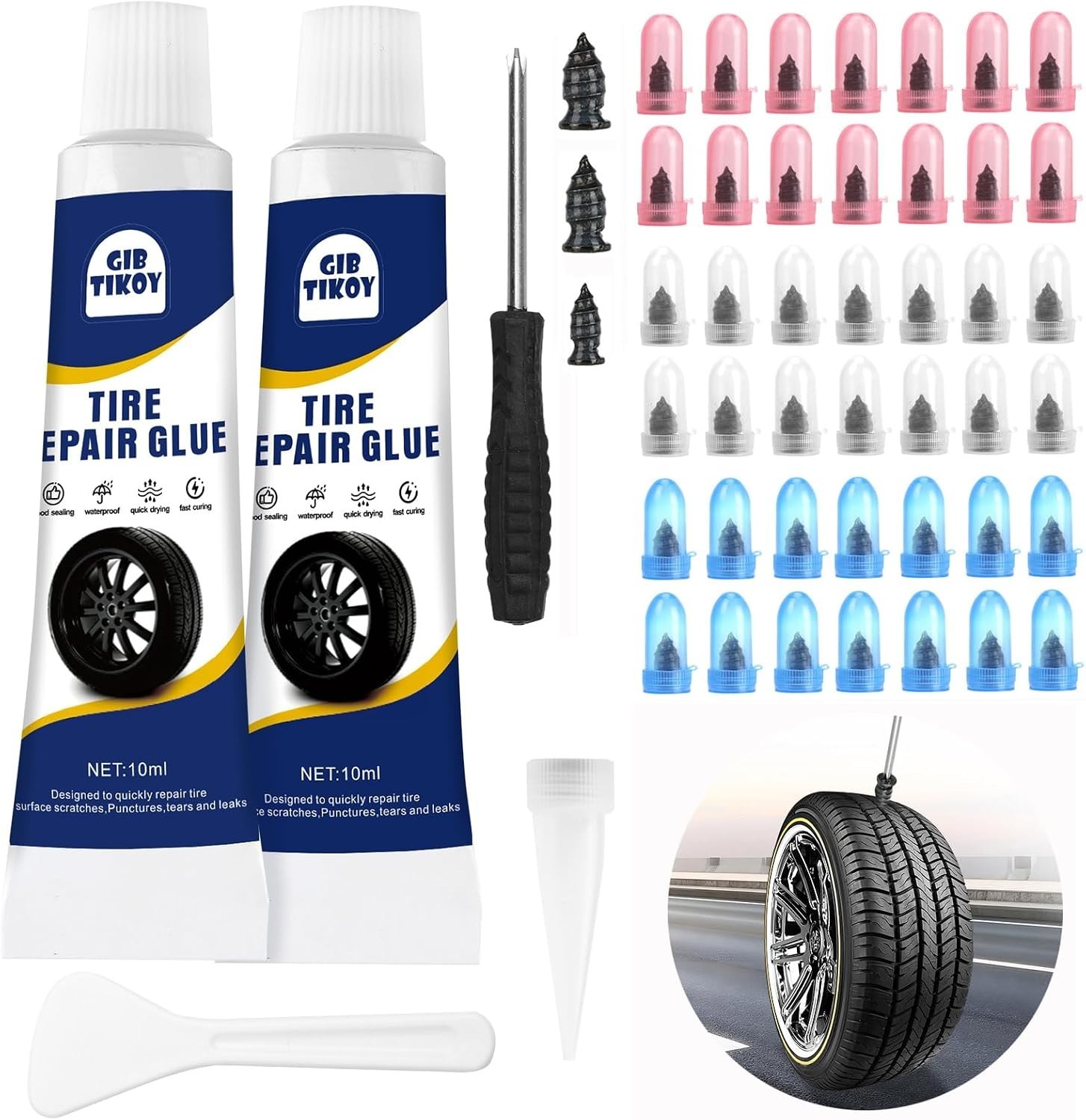 42PCS Tire Repair Rubber Nails Screws Kit with 2 Tubes Black Tire Sealant Glu...