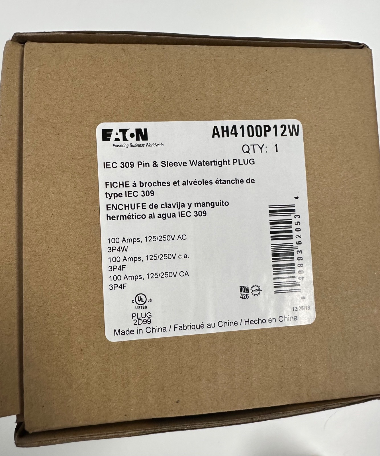 Eaton AH4100P12W - Pin & Sleeve Watertight Connector 100A 125-250V 3P4W Eaton AH4100P12W - Pin & Sleeve Watertight Connector 100A 125-250V 3P4W