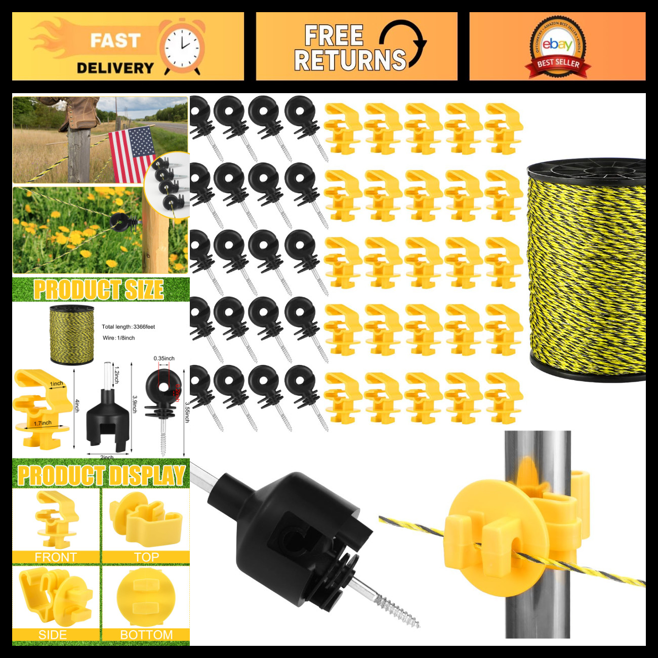 52 Pcs Electric Fence Kit - 3366 ft Yellow Poly Wire & 50 Insulators for Livesto