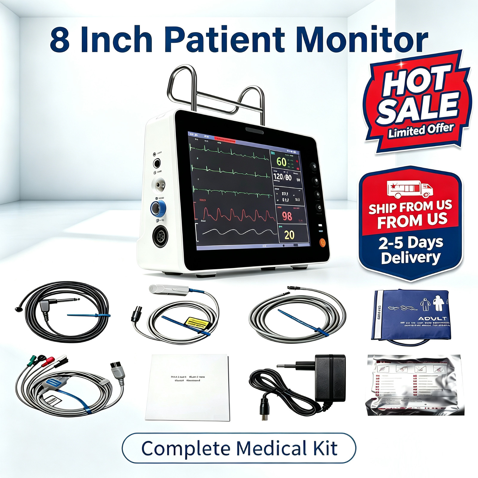 Ship From USA 8‑Inch Patient Monitor, Multi‑Parameter Vital Signs Monitor Ship From USA 8‑Inch Patient Monitor, Multi‑Parameter Vital Signs Monitor