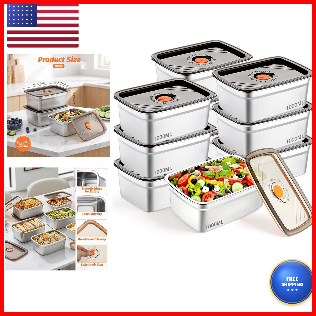 IANFAN 10 Pcs 34oz Stainless Steel Freezer Containers with Airtight Lids IANFAN 10 Pcs 34oz Stainless Steel Freezer Containers with Airtight Lids