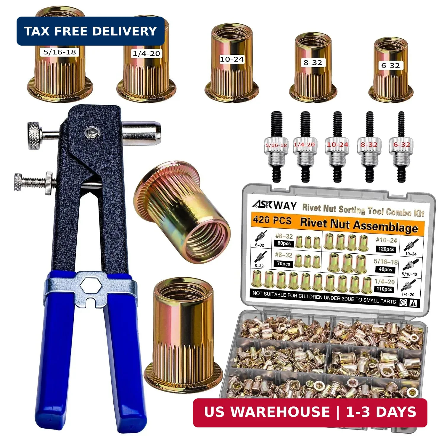 ASKWAY SAE Pressure Rivet Nut Tool Kit 420pcs, SAE Thread Rivet Nuts Kit ASKWAY SAE Pressure Rivet Nut Tool Kit 420pcs, SAE Thread Rivet Nuts Kit