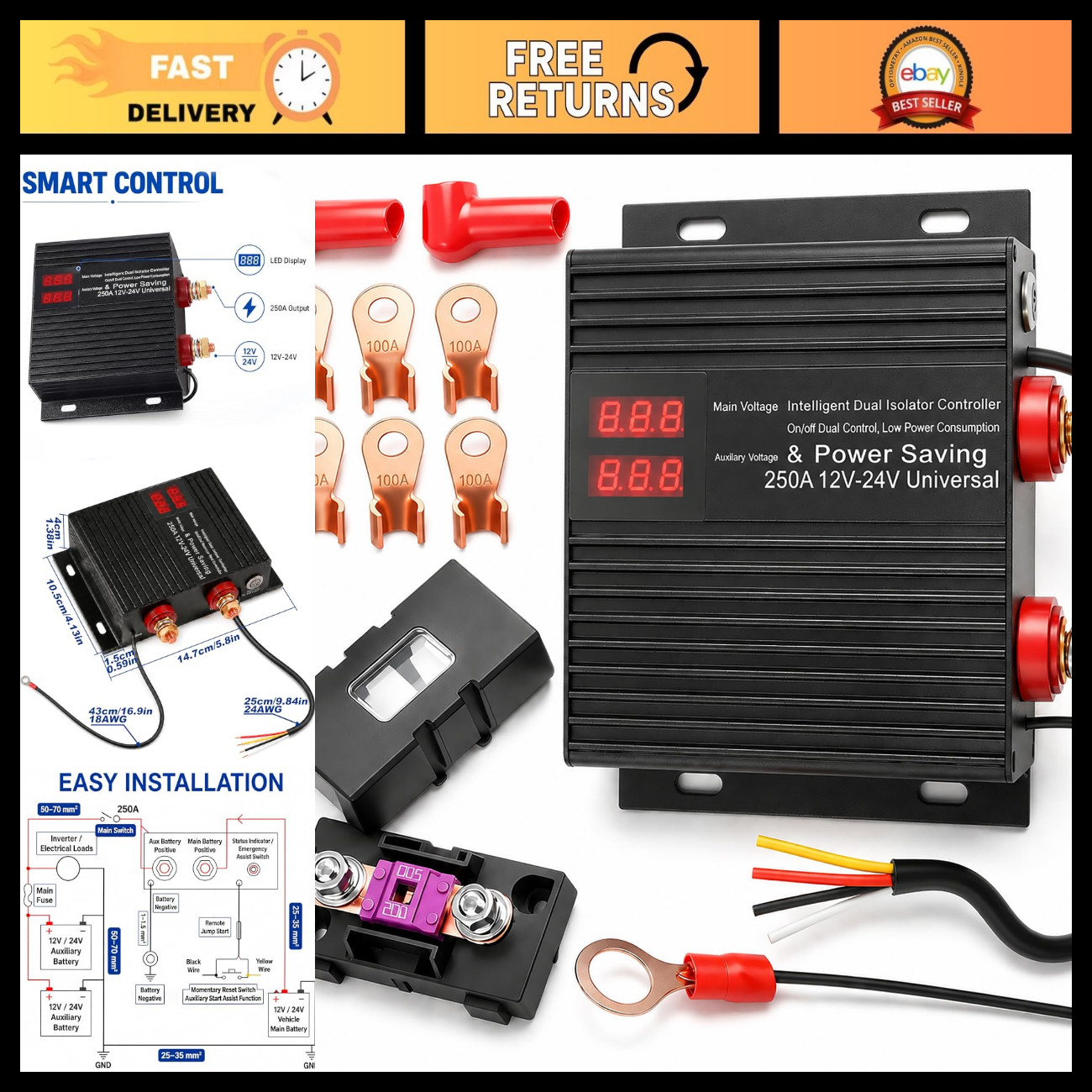 250 AMP Dual Battery Isolator 12V/24V Smart VSR, Universal Voltage, Heavy Duty 250 AMP Dual Battery Isolator 12V/24V Smart VSR, Universal Voltage, Heavy Duty