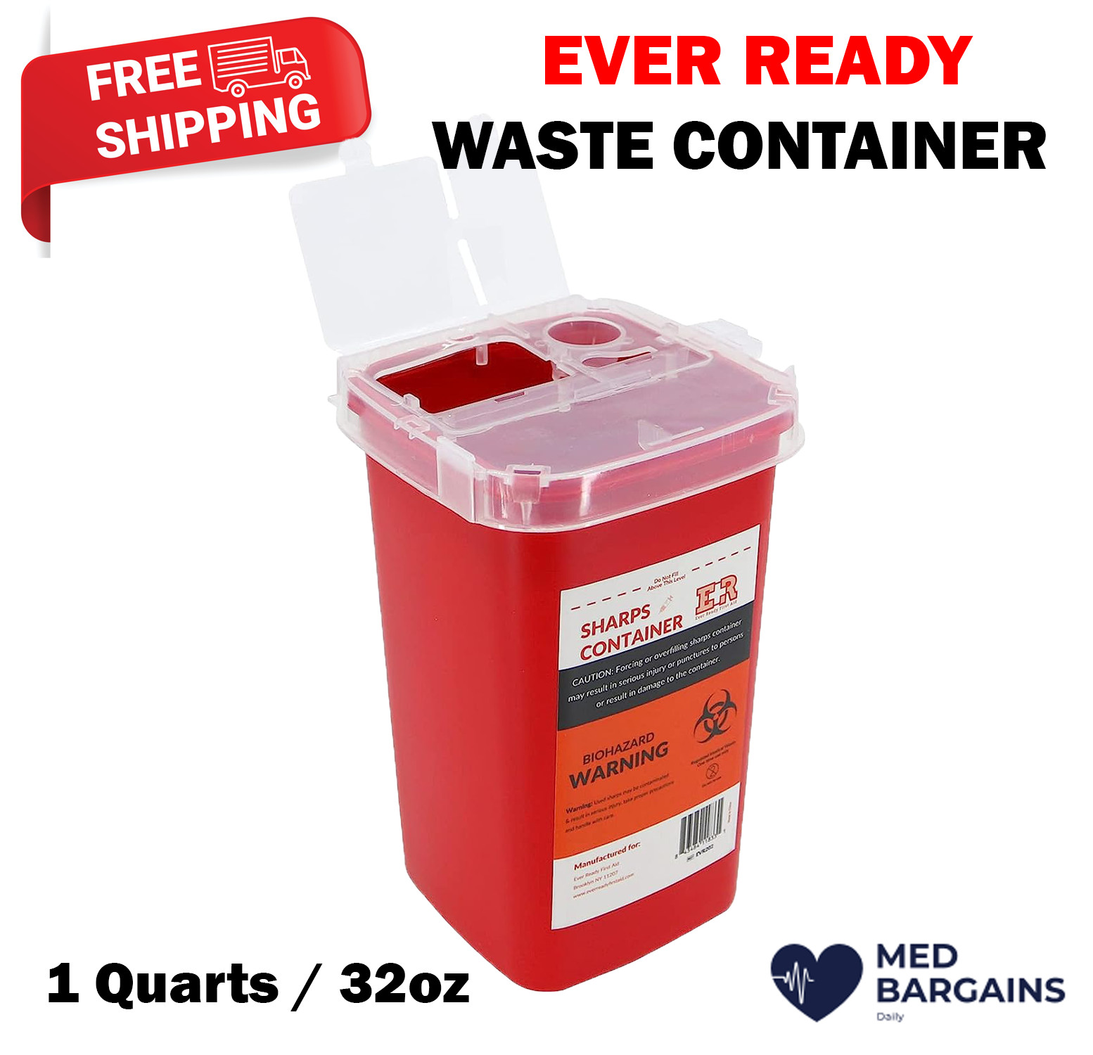 Ever Ready EVR202 Sharps Container Waste Disposal 1 Quarts / 32oz - RED