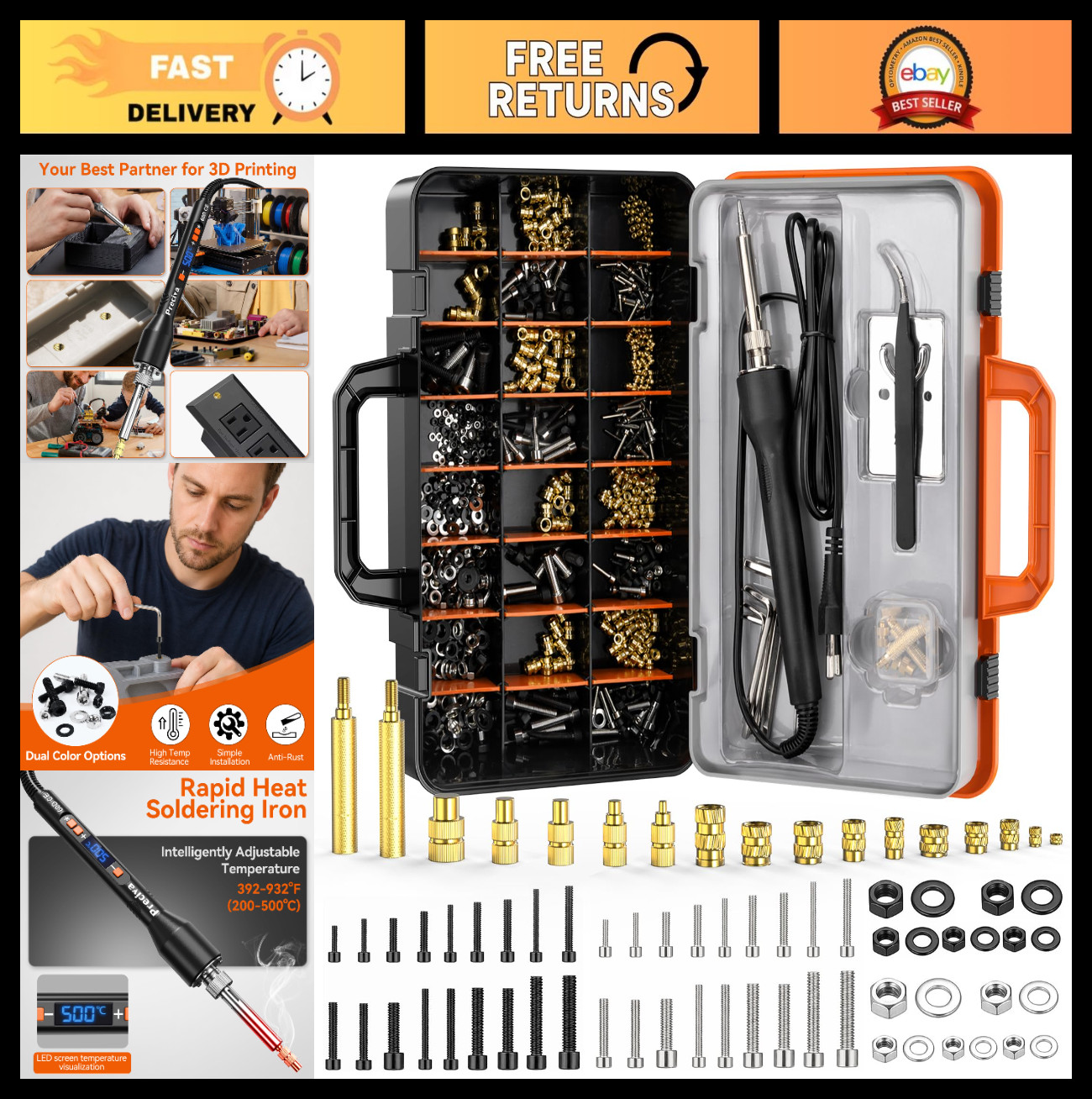 750Pcs Heat Set Inserts Nuts & Bolts Set with Soldering Iron & Tweezers for 3D P