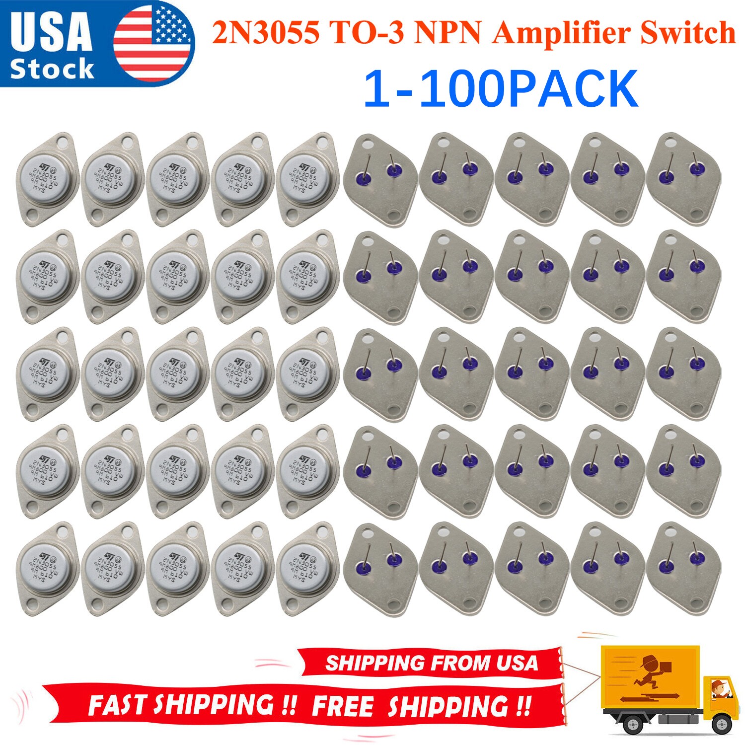 Lots 2N3055 TO-3 NPN Amplifier Switch Transistor Audio Power Metal Case 15A/60V Lots 2N3055 TO-3 NPN Amplifier Switch Transistor Audio Power Metal Case 15A/60V