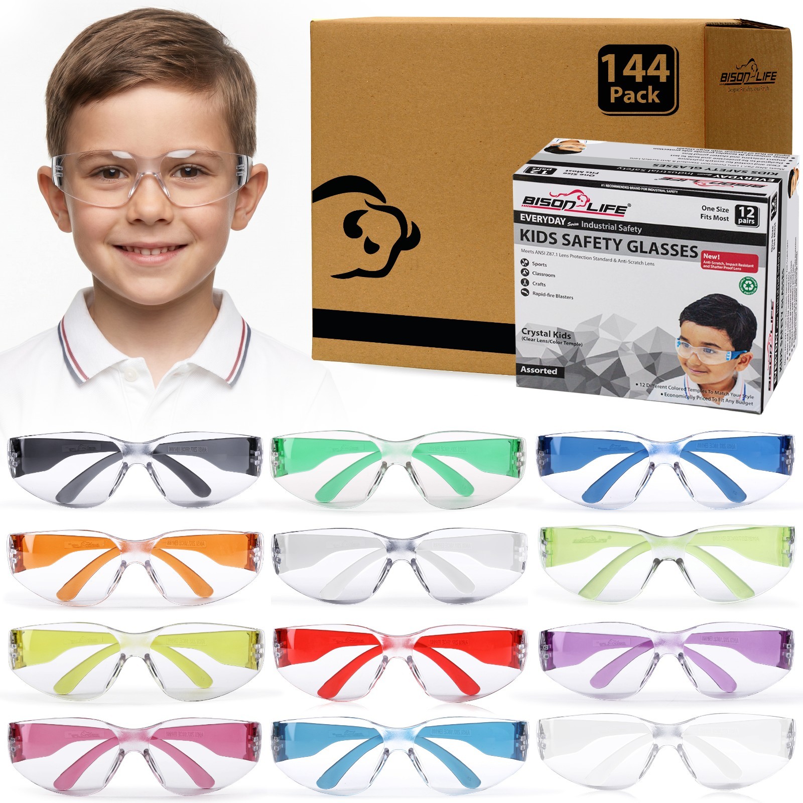 Crystal Kids Clear Lens Color Temple Variety Safety Glasses (Pack of 144) Crystal Kids Clear Lens Color Temple Variety Safety Glasses (Pack of 144)