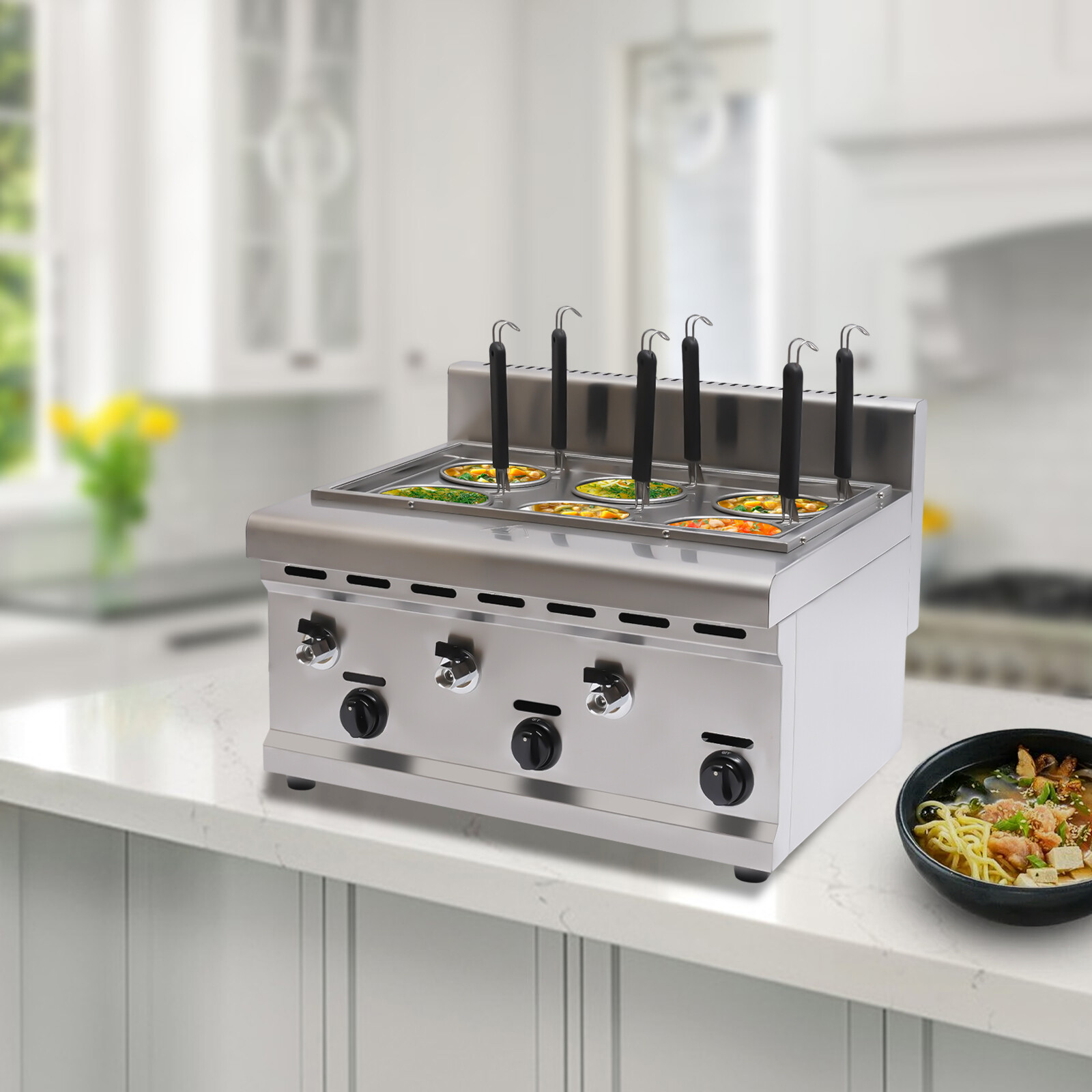 Commercial Pasta Cooking Machine Noodle Boiler 6 Holes Pasta Maker 3 Gas Knobs