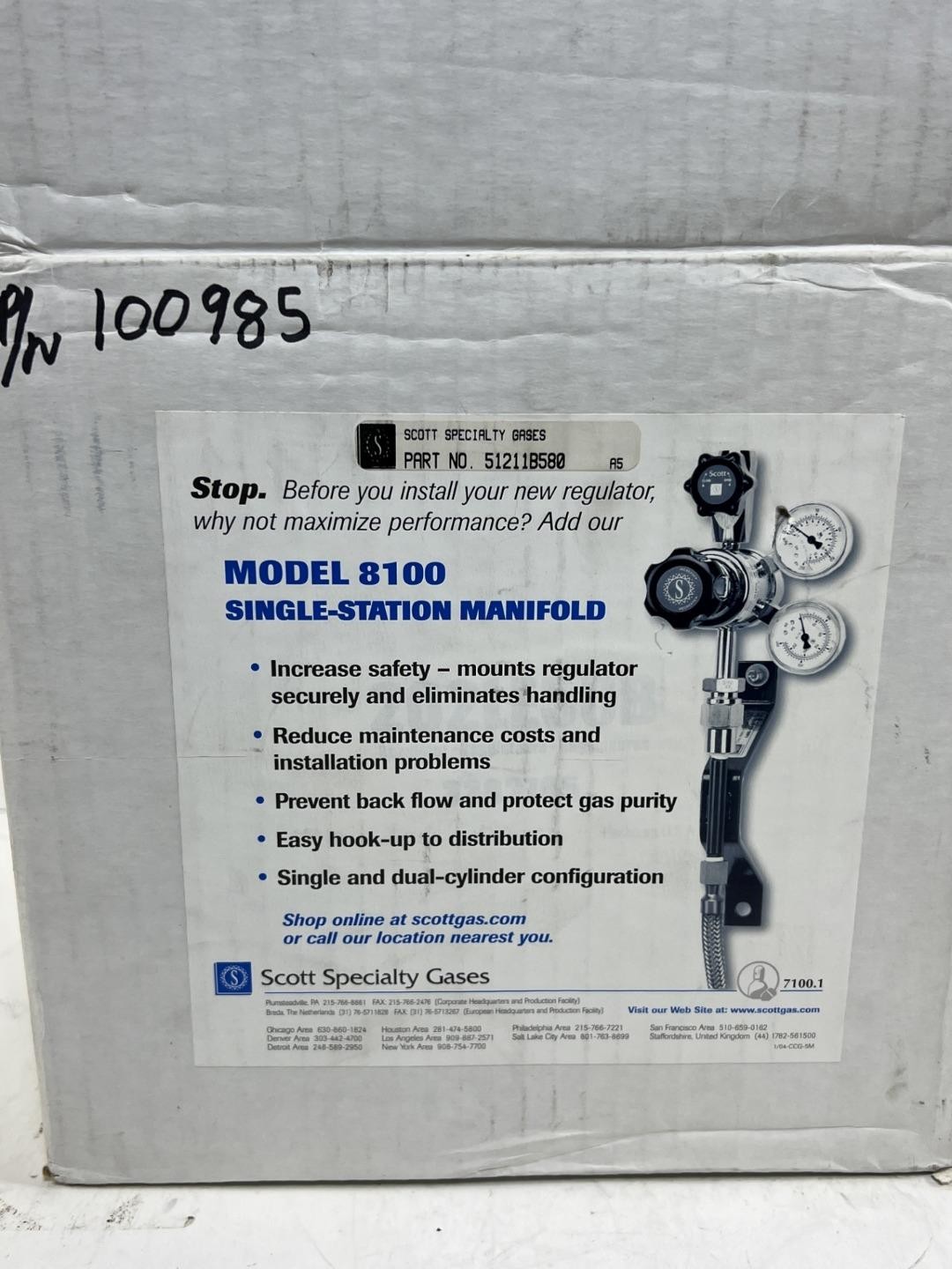 Scott Specialty Gases Model 8100, Single Station Manifold Regulator, 51211B580 Scott Specialty Gases Model 8100, Single Station Manifold Regulator, 51211B580
