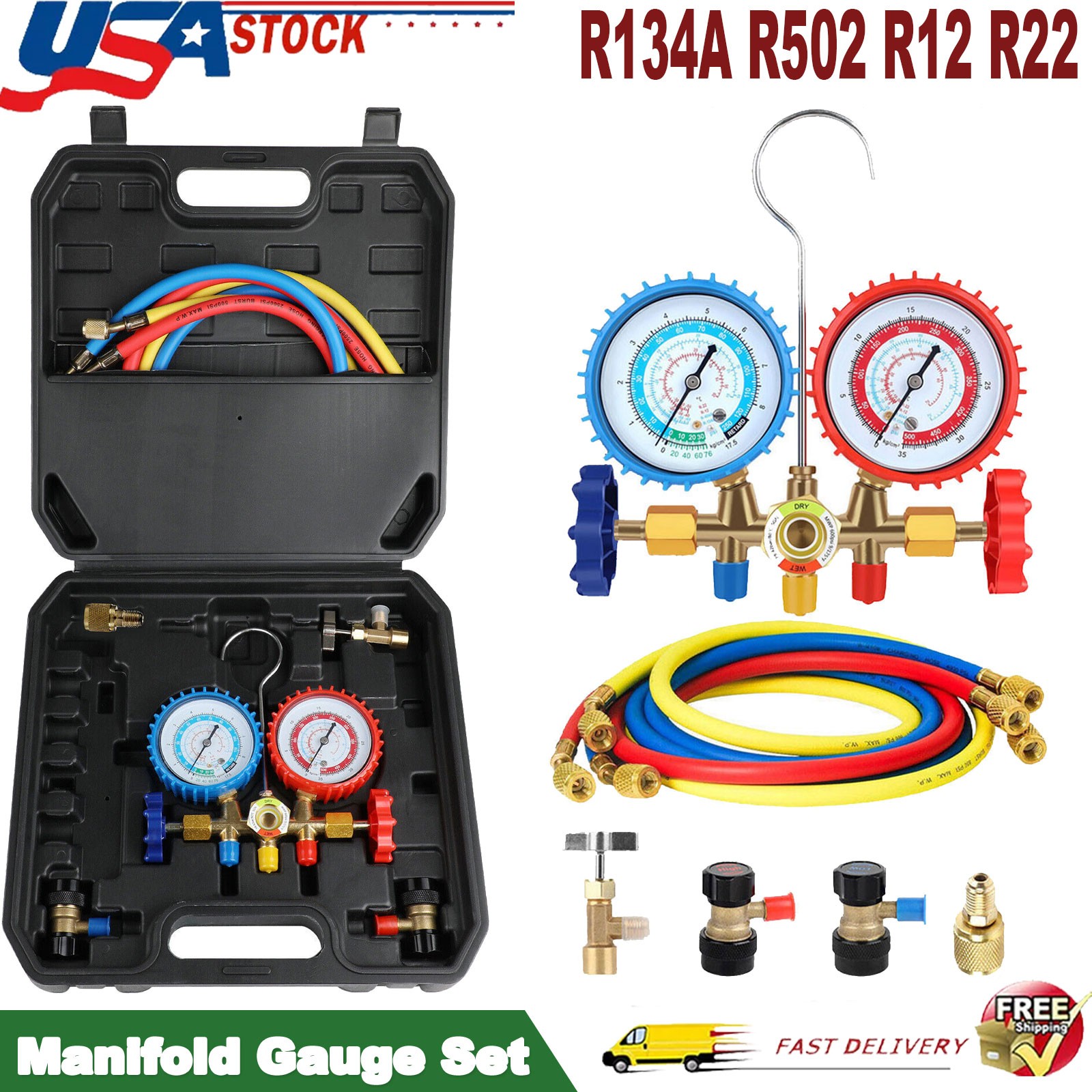 AC Manifold Gauge Set A/C Refrigeration 3 Way Hose Fit For R502 R134a R12 R22 AC Manifold Gauge Set A/C Refrigeration 3 Way Hose Fit For R502 R134a R12 R22