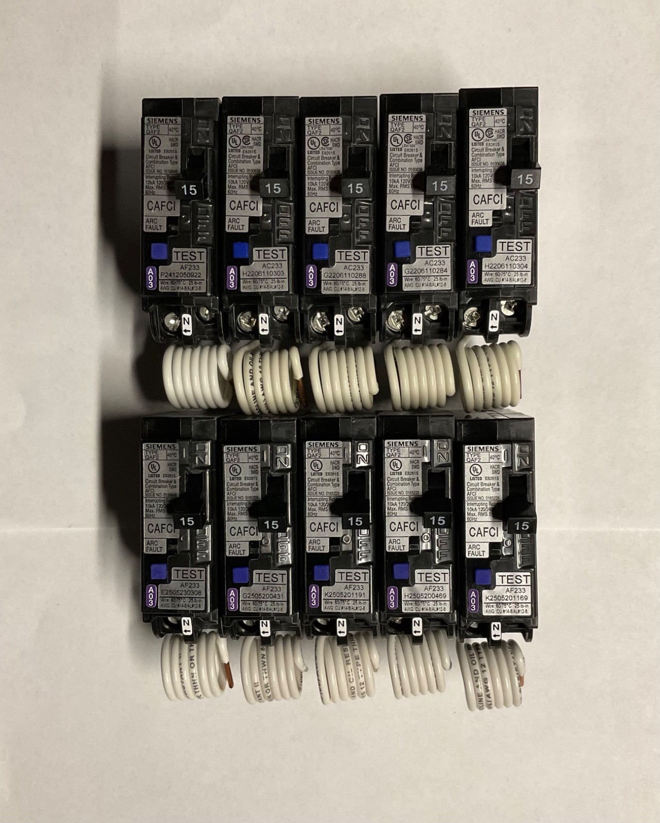 BOX OF 10 SIEMENS QA115AFC AFCI 15A BREAKER (with pigtail wire) NEW BOX OF 10 SIEMENS QA115AFC AFCI 15A BREAKER (with pigtail wire) NEW