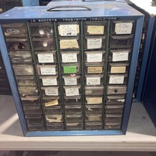 akro mills vintage cabinet w/electronic cmpnts IC&wire-wrap sockets,fuse holders picture