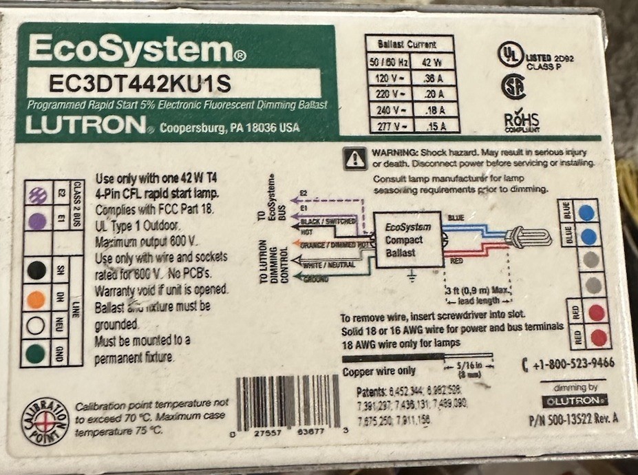 EC3DT442KU1S Lutron EcoSystem Digital Dimming Ballasts - Studs EC3DT442KU1S Lutron EcoSystem Digital Dimming Ballasts - Studs