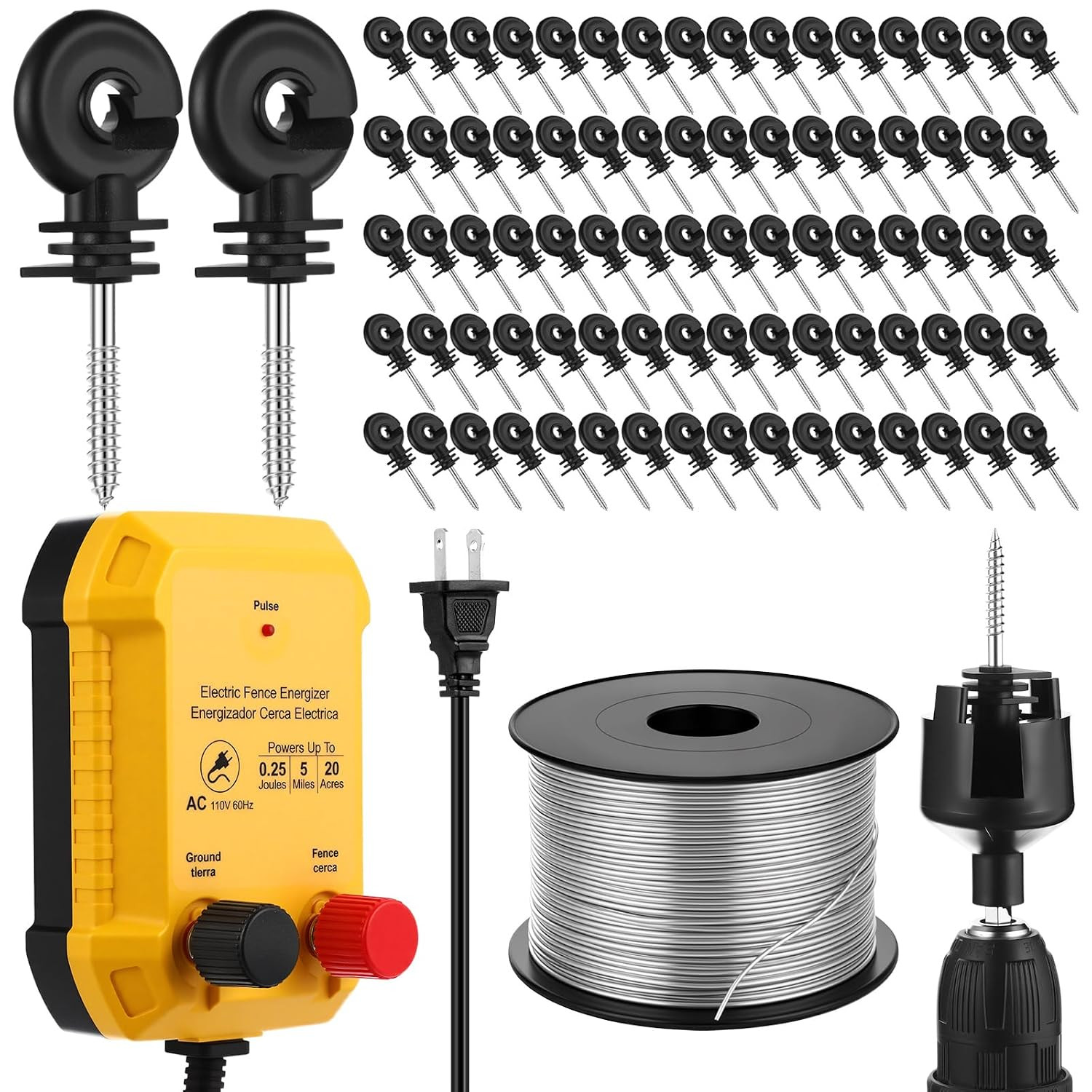 Electric Fence Charger Kit 0.25 J 5 Mile 80 Insulators 985Ft Wire Electric Fence Charger Kit 0.25 J 5 Mile 80 Insulators 985Ft Wire