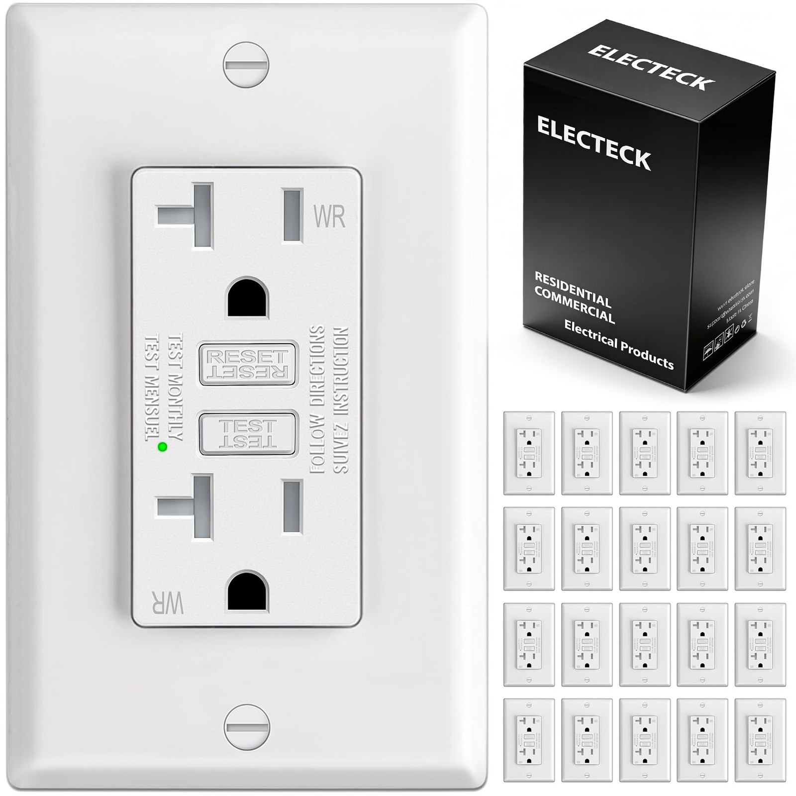 ELECTECK 20 Pack GFCI Outlets 20 Amp, Outdoor GFI, ETL Listed, White | Slim D... ELECTECK 20 Pack GFCI Outlets 20 Amp, Outdoor GFI, ETL Listed, White | Slim D...