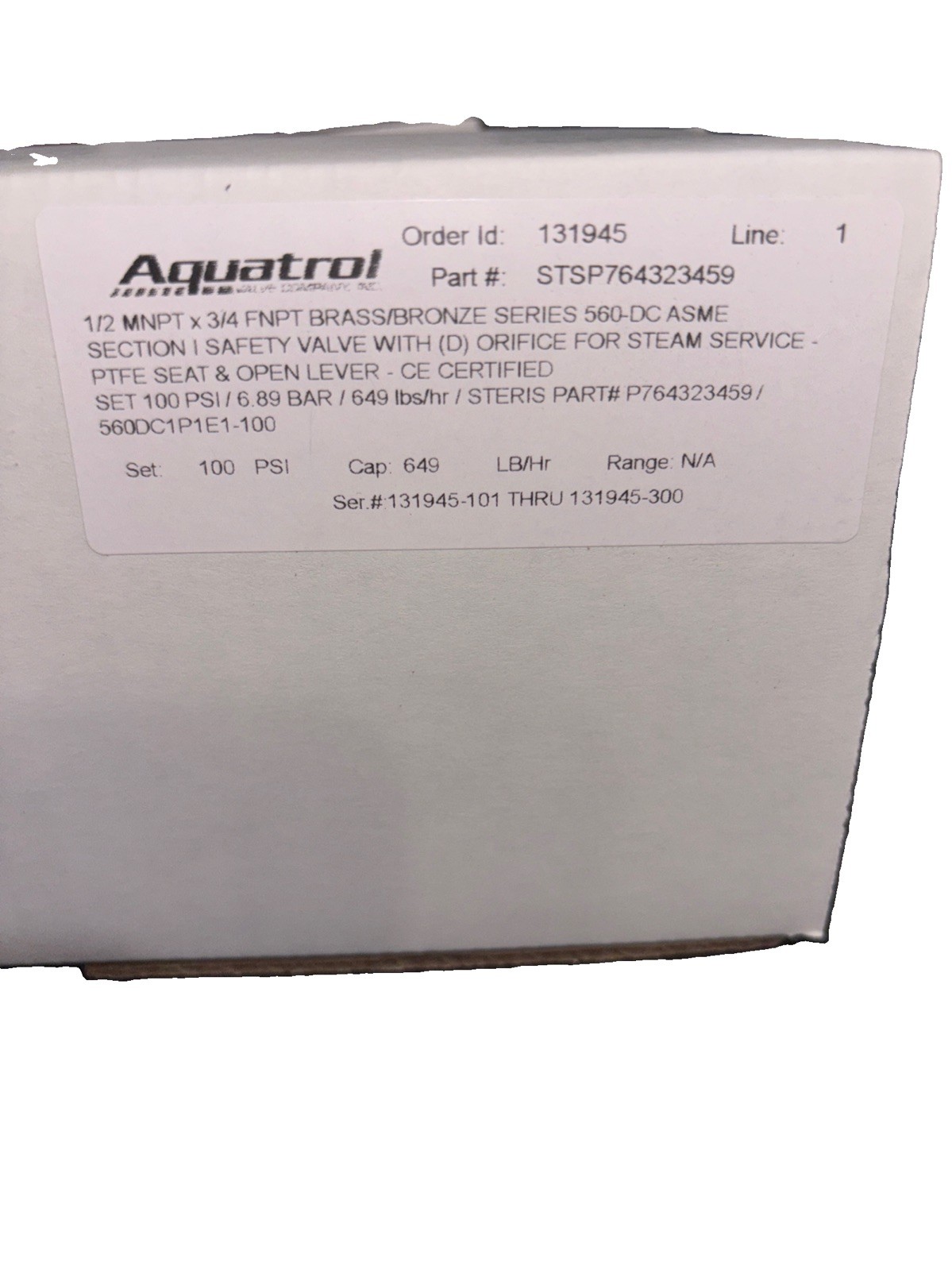STERIS VALVE SAFETY 1/2 In P764323459 NEW OEM