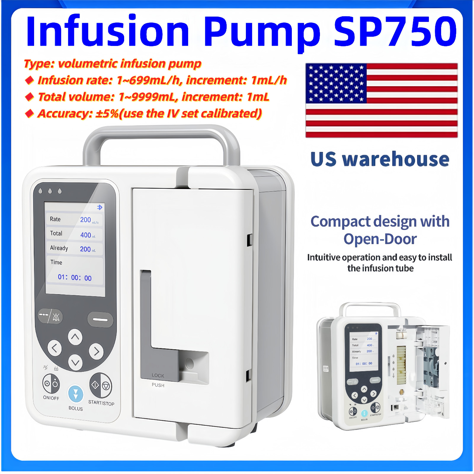 US Stock Portable Volumetric Infusion Pump SP750 High Accuracy Infusion Pump US Stock Portable Volumetric Infusion Pump SP750 High Accuracy Infusion Pump