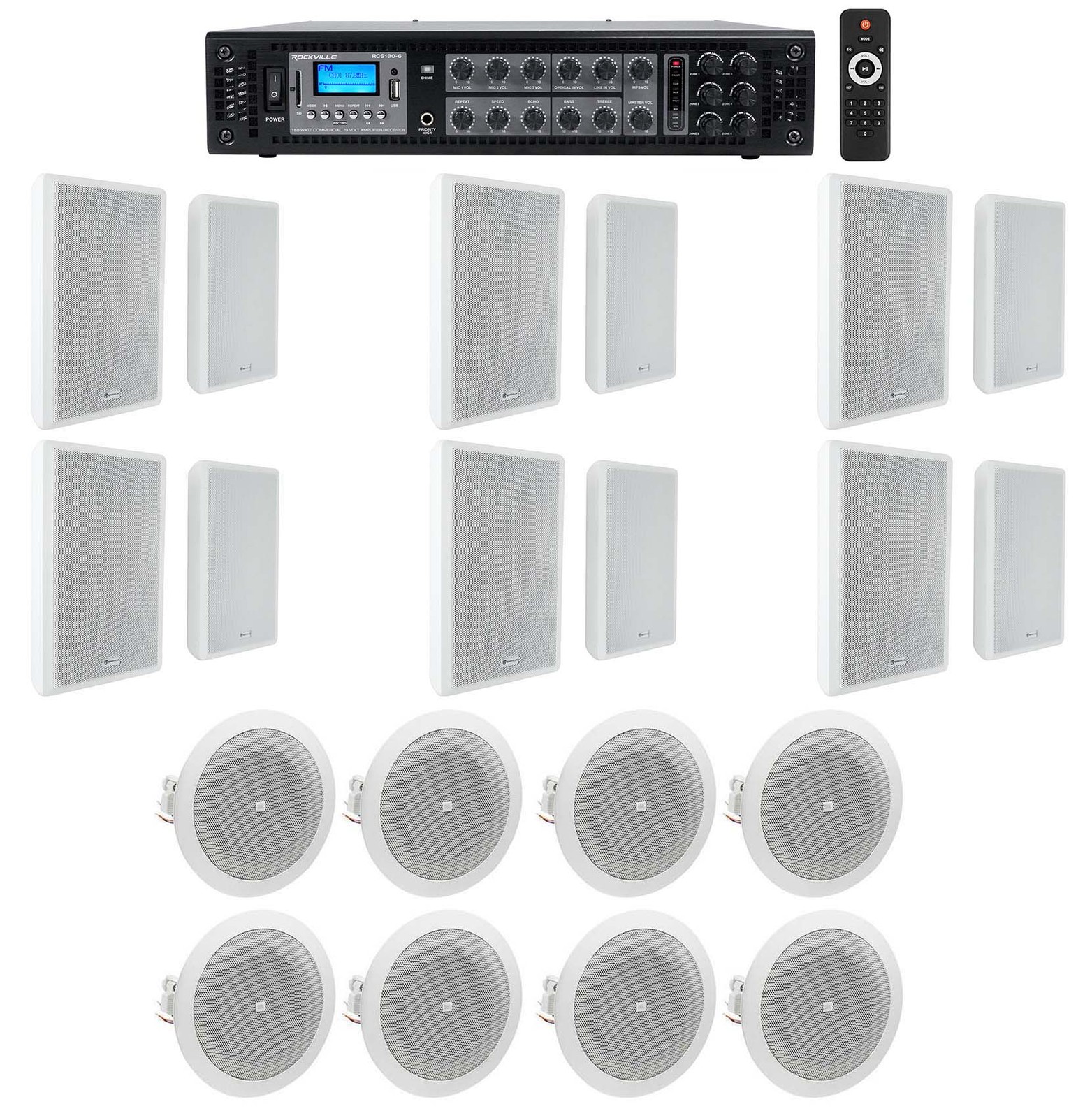 6-Zone Amplifier+12) White Wall+8) JBL Ceiling Speakers For Restaurant/Bar/Cafe 6-Zone Amplifier+12) White Wall+8) JBL Ceiling Speakers For Restaurant/Bar/Cafe