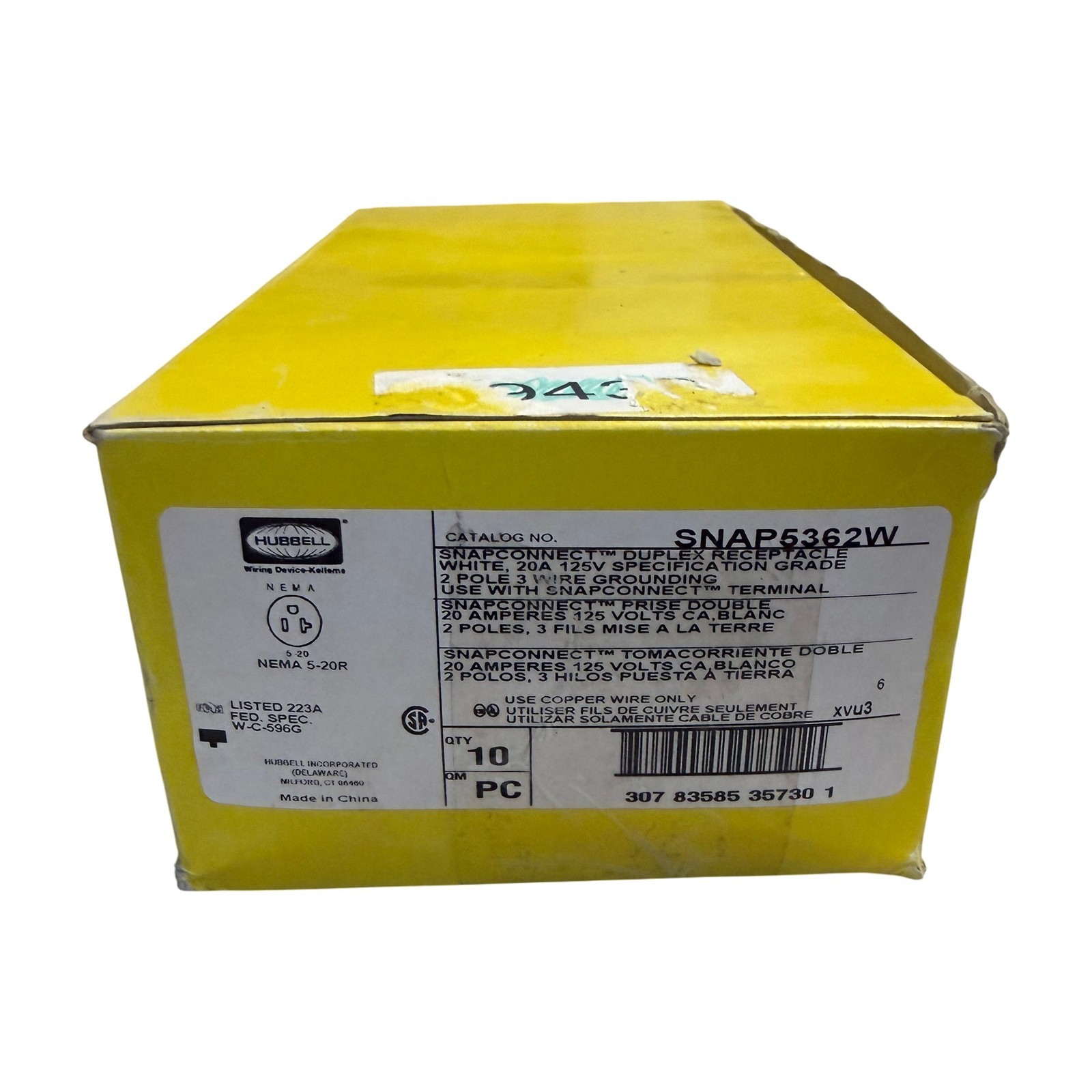 BOX OF 10 Hubbell SNAP5362W SnapConnect 20A 125V Duplex Receptacle White NEMA 5-
