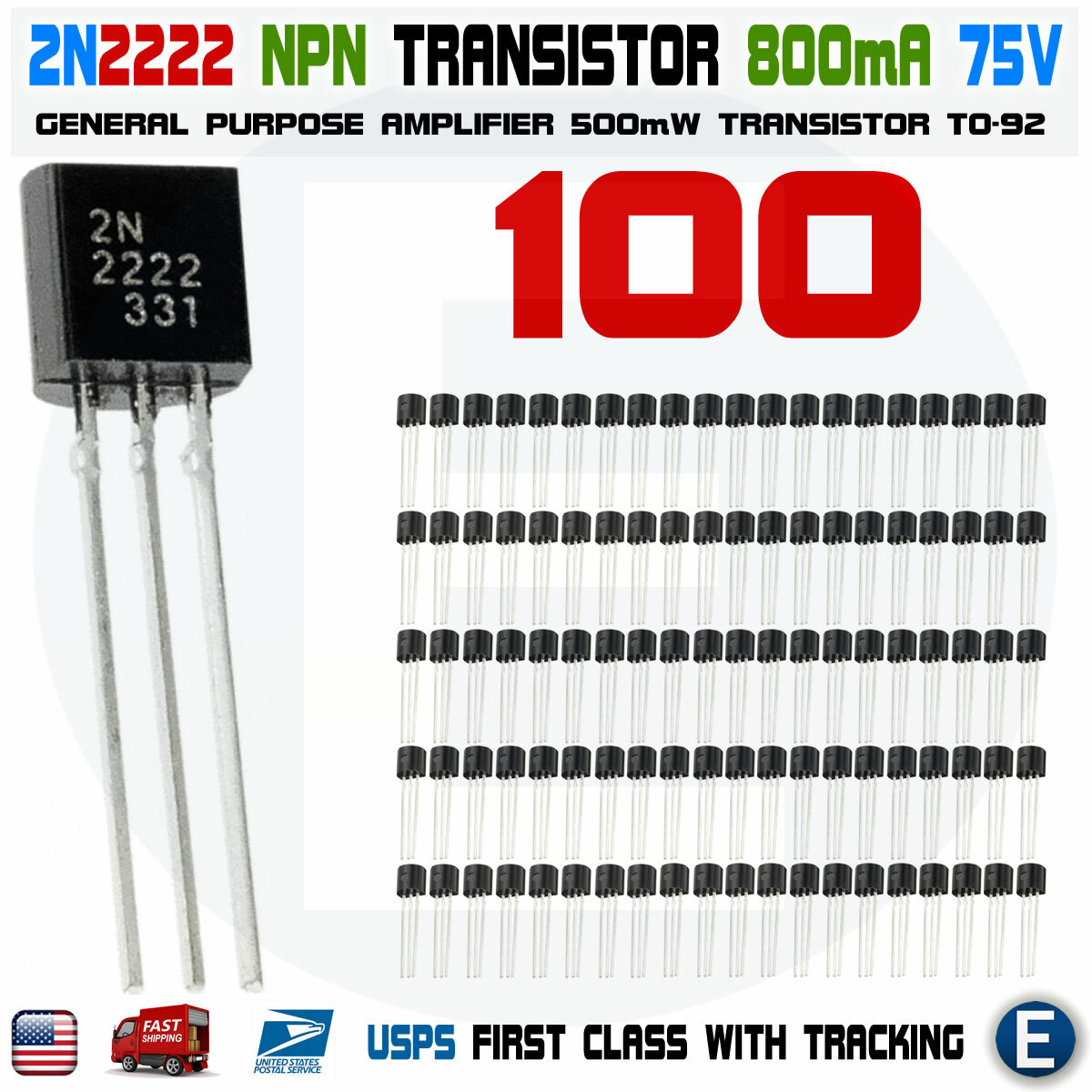 100pcs 2N2222A NPN 2N2222 TO-92 Plastic-Encapsulate Power Transistors 75V 0.8A 100pcs 2N2222A NPN 2N2222 TO-92 Plastic-Encapsulate Power Transistors 75V 0.8A