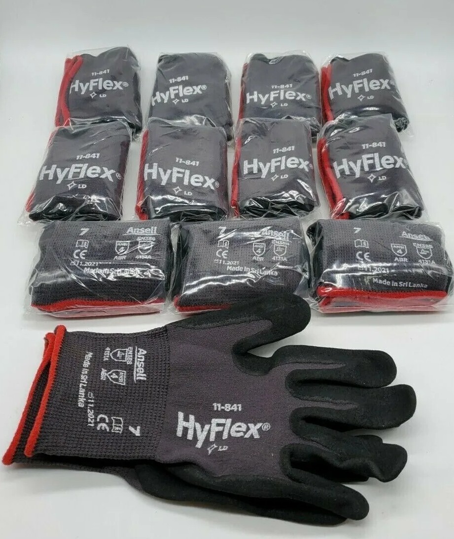Ansell HyFlex 11-841 Foam Nitrile Grip Work Gloves - Size 7 - Lot 12 pairs. NEW