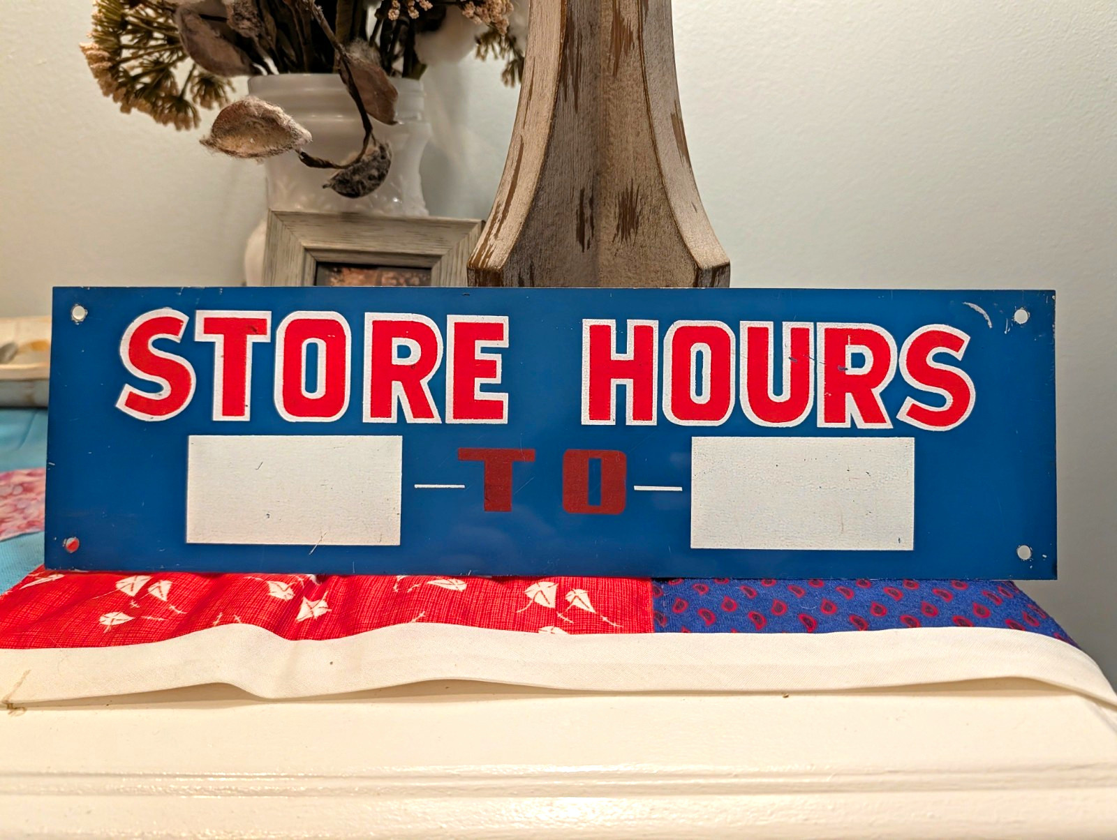 Vintage Metal Store Hours Hanging Door Sign Blue w/ Red-White Lettering
