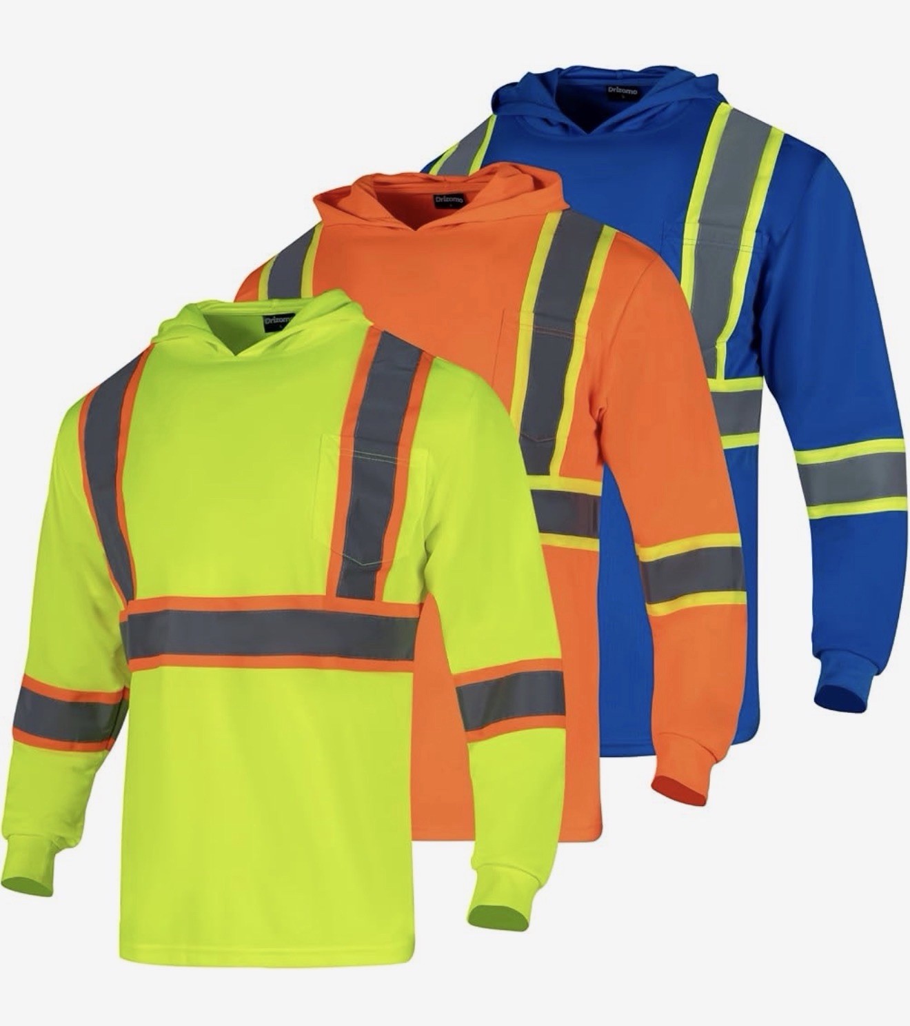 3Pk High Visibility Safety Shirts for Men w Hood Reflective Long Sleeve Class 3