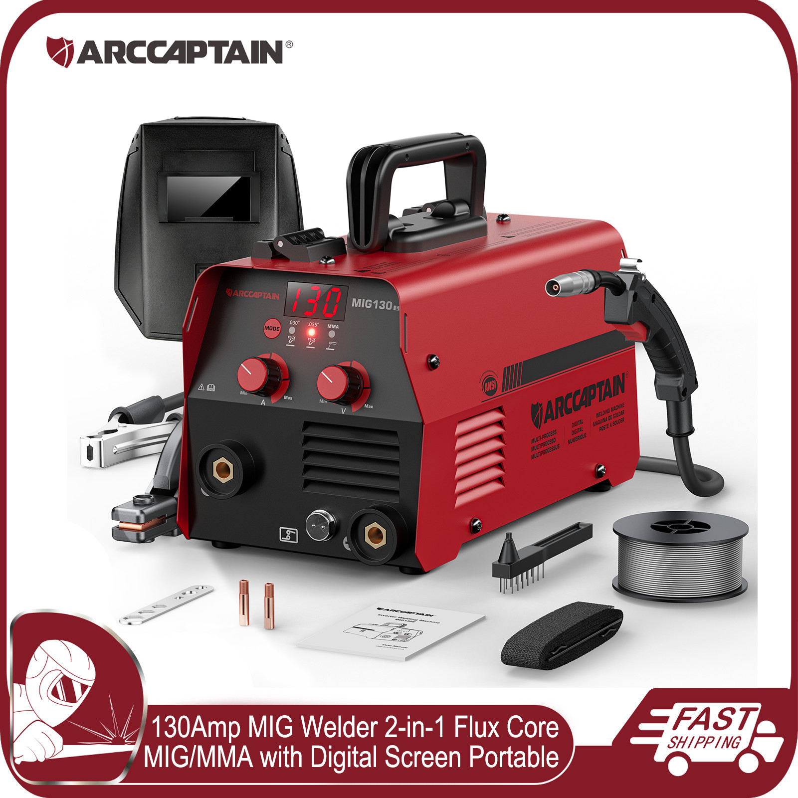 ARCCAPTAIN 130Amp MIG Welder 2-In-1 Welding Machine Digital Flux Core MIG/MMA US ARCCAPTAIN 130Amp MIG Welder 2-In-1 Welding Machine Digital Flux Core MIG/MMA US