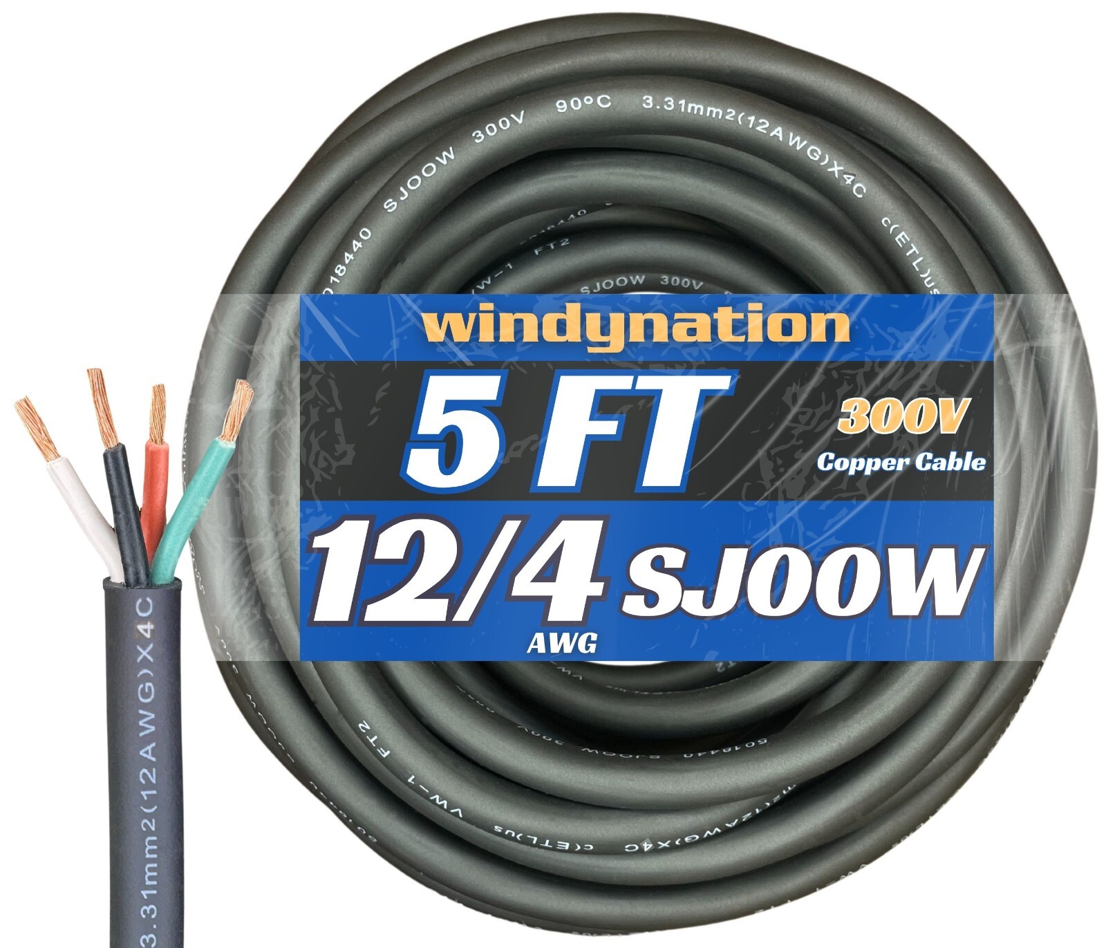 WindyNation 12/4 12 AWG 4 Conductor SJOOW Cable Cord Wire 300V Portable Power WindyNation 12/4 12 AWG 4 Conductor SJOOW Cable Cord Wire 300V Portable Power
