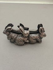 Vintage Pewter Rabbit Business Card Holder Desk Organizer Bunny Trio 3.5” picture