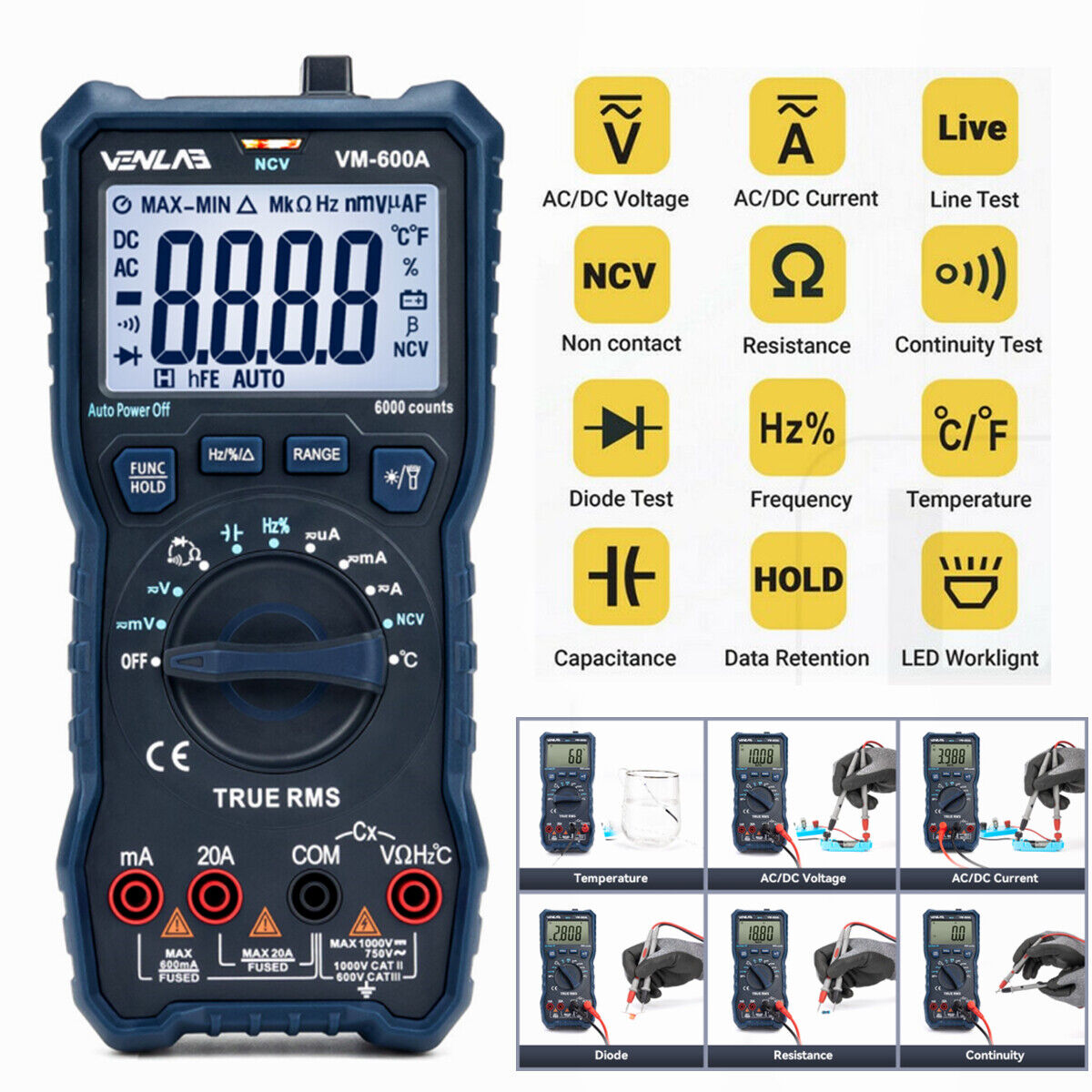 Professional Digital Multimeter T-RMS 6000 Counts AC DC Current Auto Range Meter