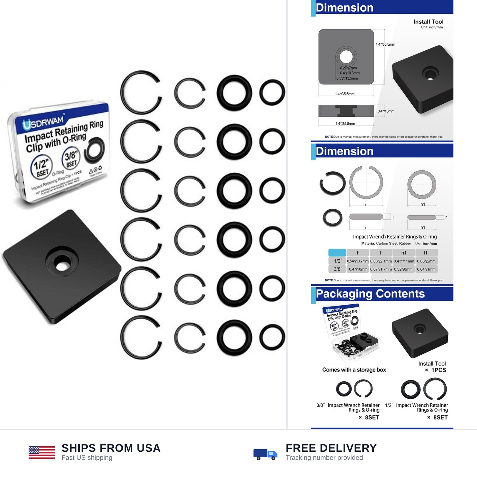 16 Sets Impact Retaining Rings O-Rings Kit 3/8\ 16 Sets Impact Retaining Rings O-Rings Kit 3/8\
