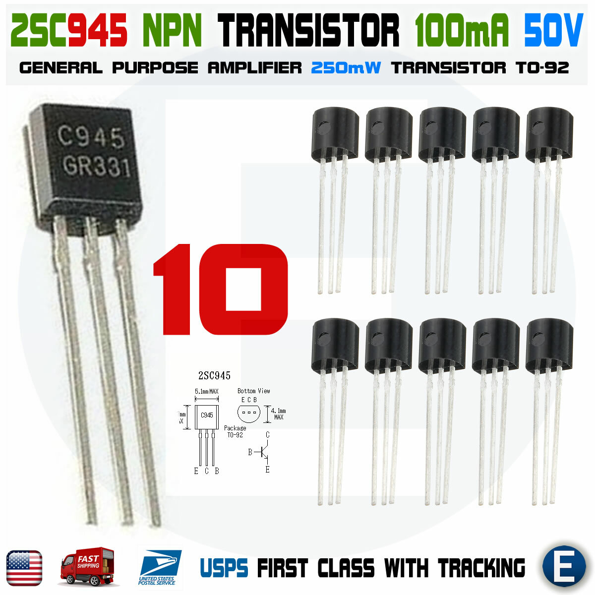 10pcs 2SC945 Amplifier NEC TO-92 Transistor C945 KCS945 NPN USA seller 10pcs 2SC945 Amplifier NEC TO-92 Transistor C945 KCS945 NPN USA seller